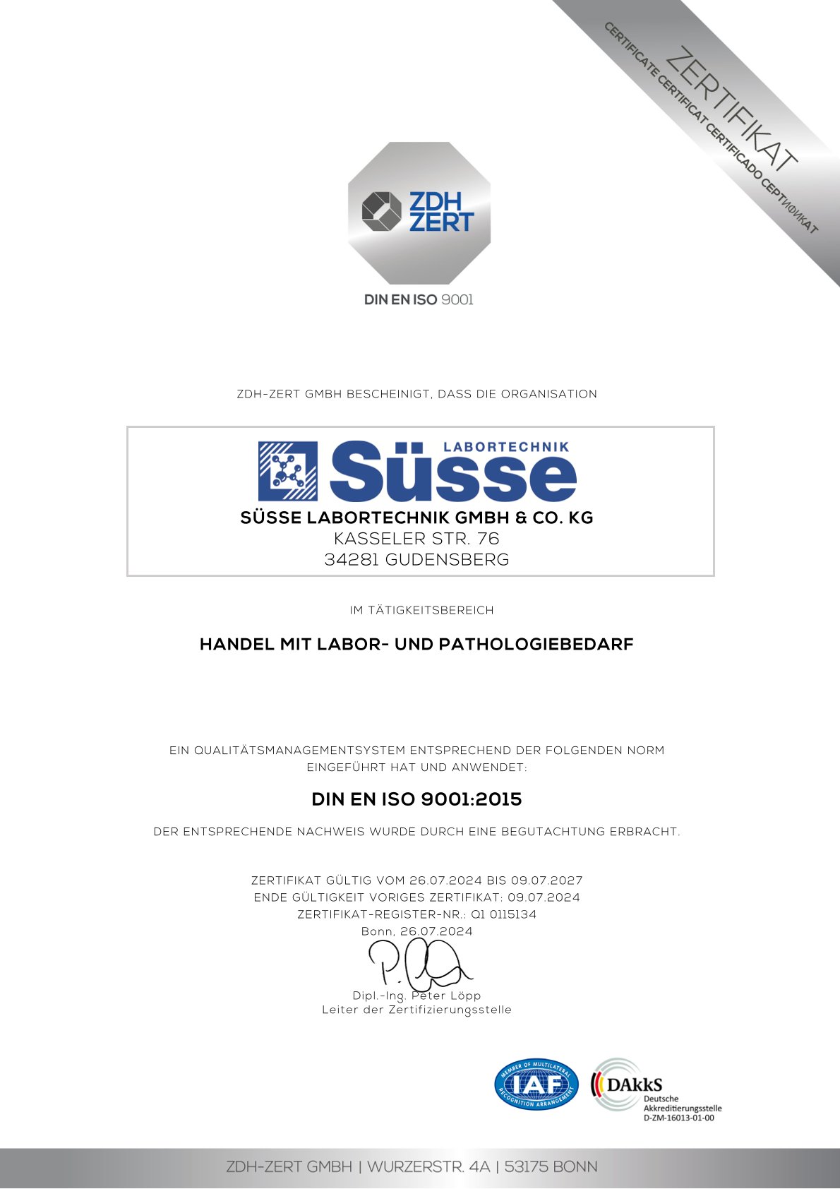 Zertifikat DIN EN ISO 9001:2015