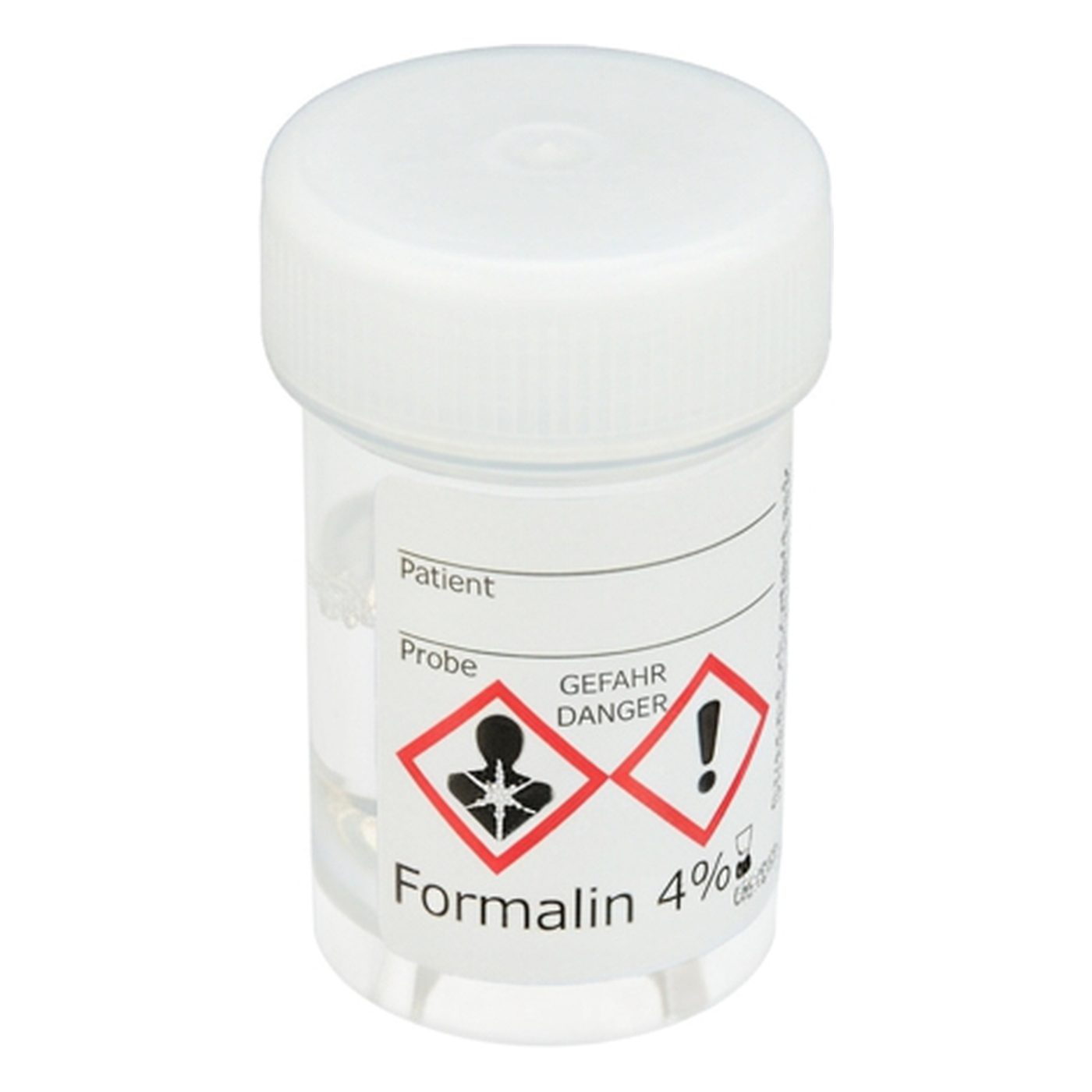 Kunststoffschraubdose 20ml, zu 50% befüllt mit 4% Formalin