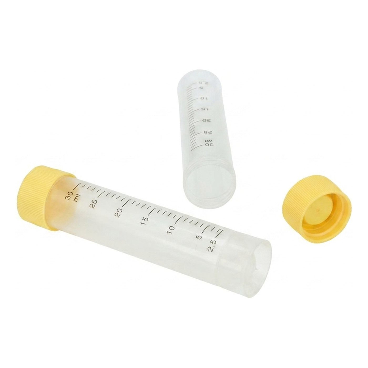 Probengefäß Ø24x107 mm für Urin, gelber Deckel, graduiert